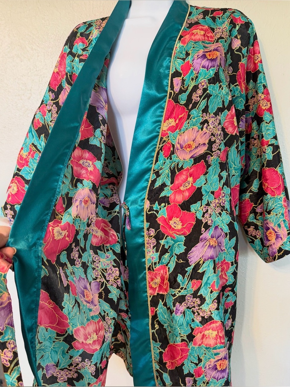Vintage Interludes by Cira Oriental Floral Poppies Satin Dressing Gown Robe Sz M - Picture 7 of 12